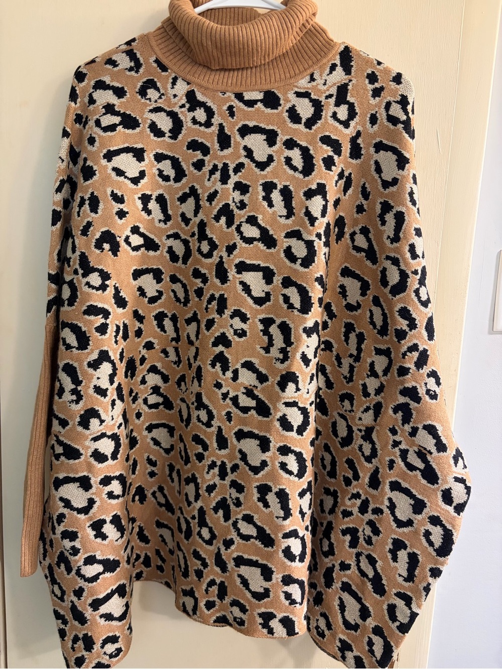 Chico's Camel Black Cream Leopard Cowlneck Sweater